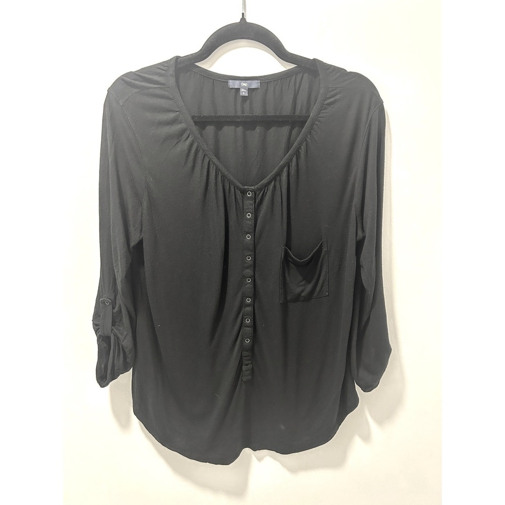 Gap Womens Black Rayon Henley Roll Tab Sleeve Pocket Lightweight Top Size S